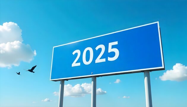 Happy New Year 2025, A blue road sign pointing towards the year 2025 against a bright blue sky with fluffy white clouds, banner, celebration, template, poster, created with generative ai