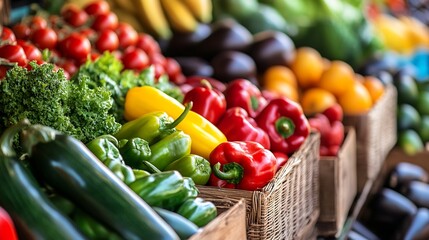 Poster - Vibrant assortment of fresh vegetables displayed at a market stall outdoors : Generative AI
