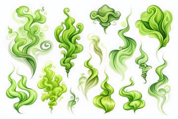 Aufkleber - Cartoon Illustrations of Various Green Smoke Patterns on White Background Featuring Stinky Smoke Shapes for Creative and Fun Designs