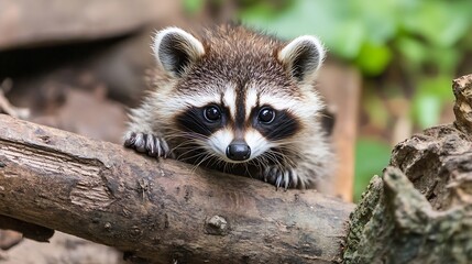 Poster - Curious Raccoon Peeking Over a Log in a Forest Natural Habitat : Generative AI
