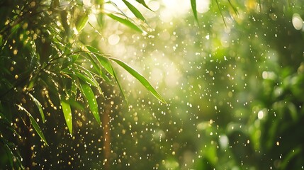 Aufkleber - Serene bamboo forest with gentle sunlight and raindrops sparkling in lush green foliage : Generative AI