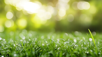 Aufkleber - Closeup of Dew Covered Green Grass with Sunlit Blurred Bokeh Background : Generative AI
