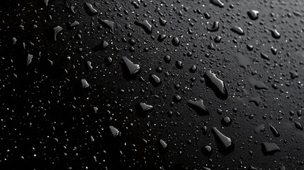 Aufkleber - Closeup of Rain Droplets on Dark Smooth Surface with Glossy Reflections : Generative AI