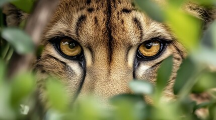 Aufkleber - Intense Gaze of a Majestic Cheetah Peek Through Foliage : Generative AI