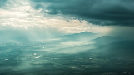 Poster - Dramatic Cloudscape Over Scenic Mountainous Landscape with Sunlight Rays : Generative AI