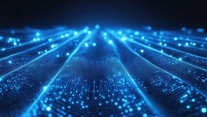 Poster - Abstract Digital Background with Glowing Blue Waves and Particles Creating a Futuristic Atmosphere for Technology and Innovation Concepts