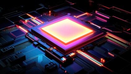 Poster - Abstract Digital Circuit Board with Colorful Lights and a Central Processor in a Futuristic Technology Concept Illustration for Modern Media Applications
