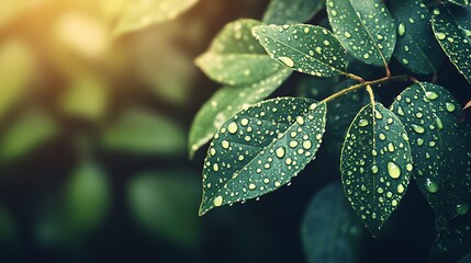 Aufkleber - Morning Sunlight on Green Leaves with Dew Drops Nature Freshness and Tranquility Background : Generative AI