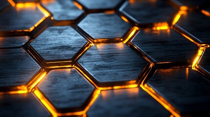 Poster - Modern Hexagonal Metal Surfaces with Orange Illuminations on Dark Background : Generative AI