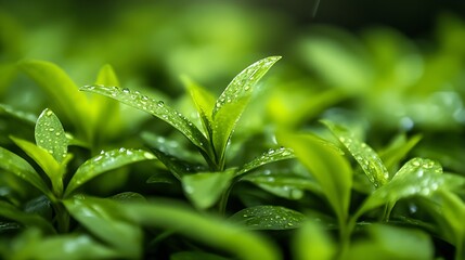 Aufkleber - Fresh Green Leaves with Water Droplets on a Background of Vibrant Foliage : Generative AI
