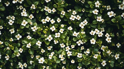 Poster - Vivid Green Foliage with Small White Flowers Creating a Charming Natural Pattern : Generative AI
