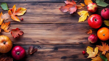 Poster - Autumn Fruit and Leaf Arrangement on Wooden Surface Perfect for Seasonal Festive Design : Generative AI