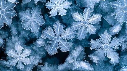 Aufkleber - Closeup of multiple frozen snowflakes with complex icy patterns and blue tone background : Generative AI