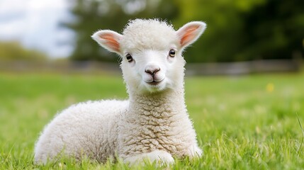 Aufkleber - Adorable Young Lamb in Green Pasture Posing for Springtime Photo : Generative AI