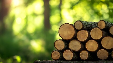 Poster - Pile of freshly cut logs stacked in a lush green forest dappled by sunlight : Generative AI