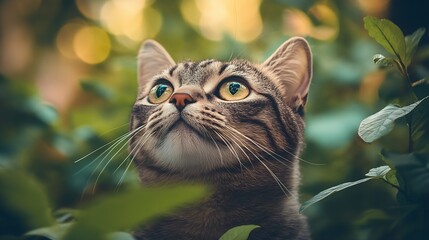 Poster - Adorable Cat with Watching Eyes Amidst Green Foliage in Nature : Generative AI