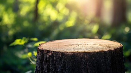 Poster - Sunlit Tree Stump Surrounded by a Lush Green Forest : Generative AI
