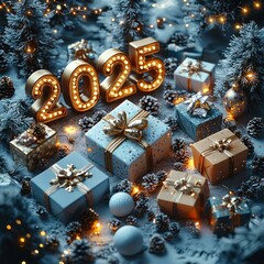 Wall Mural - Golden illuminated 2025 in a snowy forest with festive decorations and wrapped gifts Generative AI