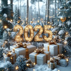 Wall Mural - Golden illuminated 2025 in a snowy forest with festive decorations and wrapped gifts Generative AI