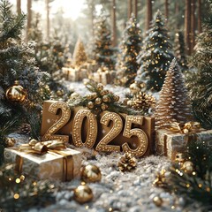 Wall Mural - Golden illuminated 2025 in a snowy forest with festive decorations and wrapped gifts Generative AI