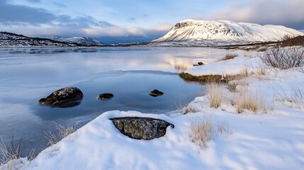 Poster - Serene Winter Landscape with Frozen Lake and SnowCovered Mountains : Generative AI