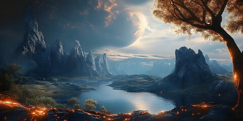 Wall Mural - landscape of an alien planet, view of another planet surface, science fiction background.
