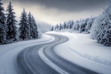 Poster - Serene SnowCovered Winding Road in Winter Forestscape Captured at Dusk : Generative AI