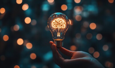 Poster - Bright Concept of Innovation and Creativity Represented by a Light Bulb with a Brain Inside, Symbolizing Ideas and Inspiration Against a Dreamy Bokeh Background