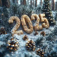 Wall Mural - Golden illuminated 2025 in a snowy forest with festive decorations and wrapped gifts Generative AI