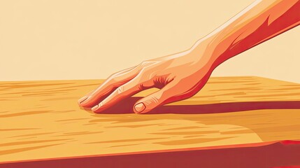 Poster - A Hand Gently Resting on a Wooden Surface