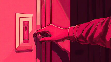 Poster - A Hand Reaches for a Light Switch in a Red Room