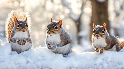 Poster - Three Squirrels Perched on Snowy Branch in Sunlit Winter Park : Generative AI