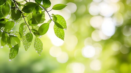 Aufkleber - Fresh Green Leaves with Dew Droplets Against a Soft Bokeh Background : Generative AI
