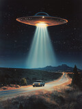 Retro-futuristic vintage card illustration of an alien spaceship and a car, UFO in 1950