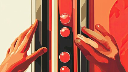 Poster - Hands Interact With Red Button Panel Device