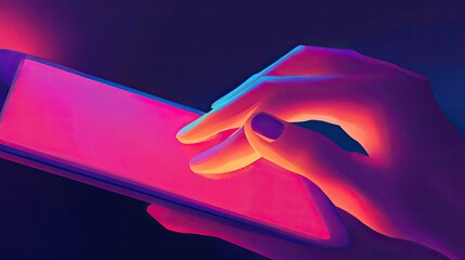 Poster - Hand Using Vibrant Pink Smartphone in Low Light