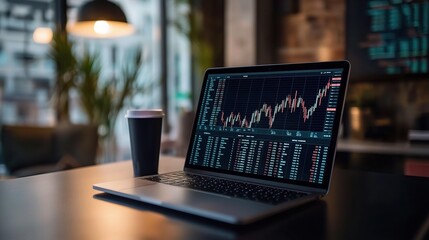 Poster - Business Laptop on Worktable with Graphs and Charts in Office