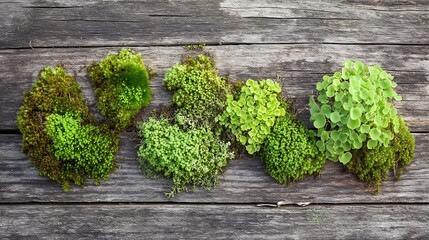 Aufkleber - Diverse moss and plants on weathered wooden background in natural setting : Generative AI