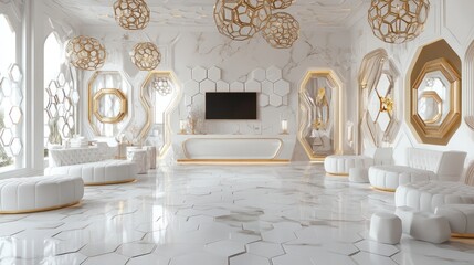 Luxurious white and gold futuristic living room interior.