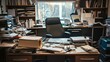 © Generative AI - Messy Office Desk with Papers and Stationery in Busy Corporate Workspace with Office Chair : Generative AI