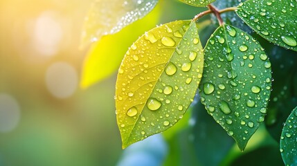 Aufkleber - Vibrant Green Leaves with Water Droplets against a Soft Sunlit Background : Generative AI