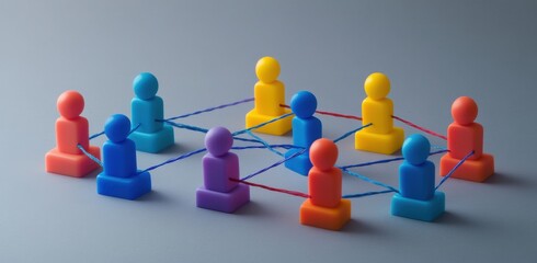 Poster - Colorful plastic figures connected by strings depicting teamwork, collaboration, communication, and community in a creative and engaging design concept