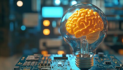 Poster - Conceptual image of a light bulb with a glowing brain inside, symbolizing innovation, technology, intelligence, and creativity in a digital world of circuits and electronics