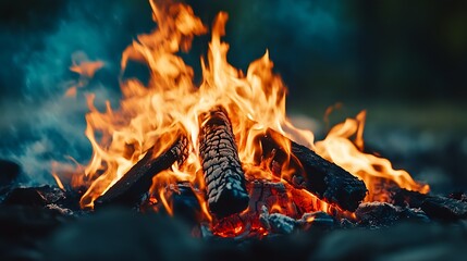 Aufkleber - Crackling Wood in a Vibrant Campfire Casting Light and Warmth : Generative AI