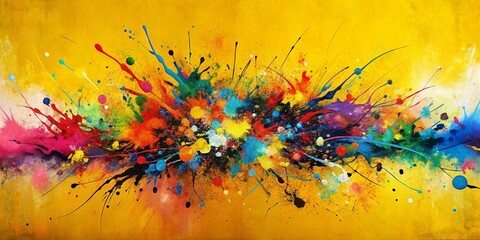 Aufkleber - Colorful Abstract Painting with Splatters and Lines on a Yellow Background Framed by a Black Border for Use in Modern Art Displays and Creative Projects