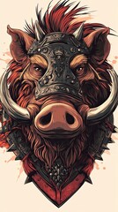 Poster - Armored Wild Boar Warrior Portrait Illustration