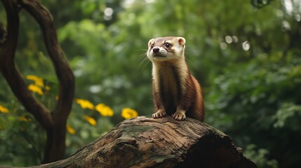 Poster - Curious Ferret Posing on a Tree Stump in Lush Green Forest Setting : Generative AI