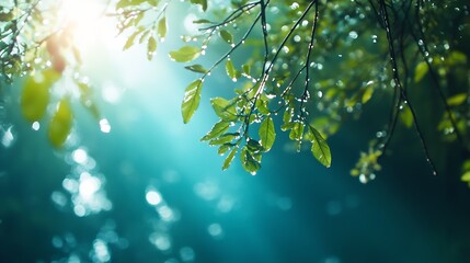 Aufkleber - Dewcovered Green Leaves in Sunlight Creating Dreamlike Atmosphere : Generative AI
