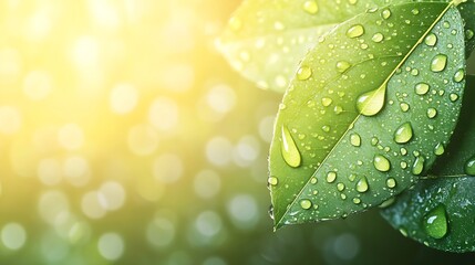 Aufkleber - Sunlit Green Leaves with Sparkling Dew Drops Against a Bokeh Background : Generative AI