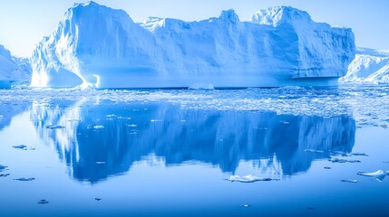 Poster - Reflective Arctic Iceberg Luminously Floating in Clear Blue Ocean : Generative AI